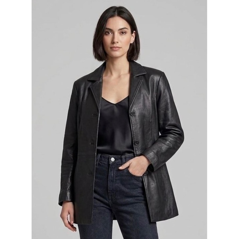 Excelled Collection Womens Black Leather Blazer Jacket Coat 3 Button Size XL RS